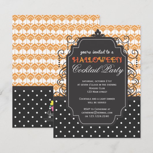 Elegant Damask Halloween Cocktail Party Kaart (Voorkant / Achterkant)