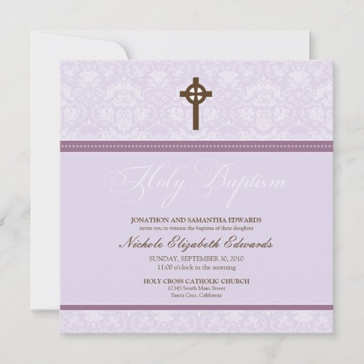 Elegant Damask Heilige Baptisme Uitnodiging (laven (Voorkant)