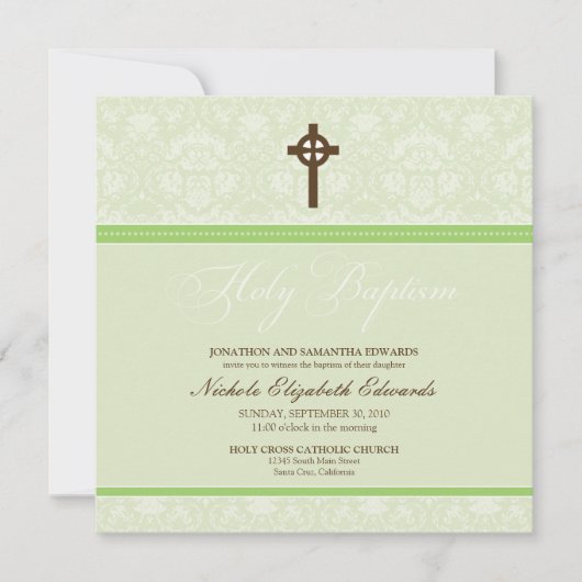 Elegant Damask Heilige Baptisme Uitnodiging (limoe (Voorkant)