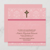 Elegant Damask Heilige Baptisme Uitnodiging (roze) (Voorkant / Achterkant)