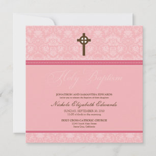 Elegant Damask Heilige Baptisme Uitnodiging (roze)