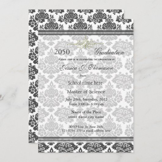 Elegant damask high performance afstuderen kaart (Voorkant / Achterkant)