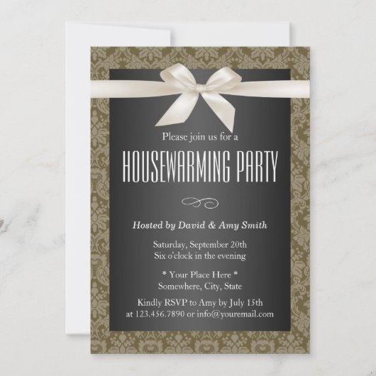 Elegant Damask Ivory Ribbon Housewarming Party Kaart (Voorkant)