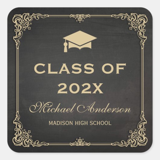 Elegant Damask Lijst Afstuderen gunst Vierkante Sticker (Voorkant)