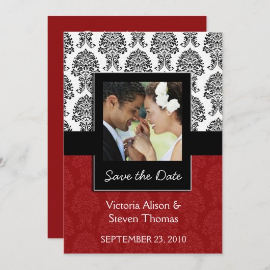 Elegant Damask Lovers Wedding Invitation (Ruby Red Save The Date (Voorkant / Achterkant)