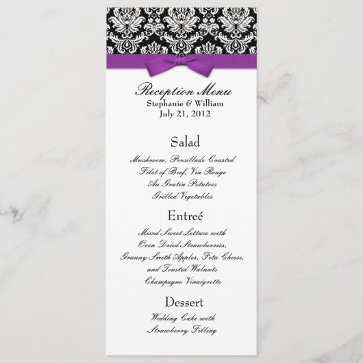 Elegant Damask met Paarse Bow Reception Menu (Voorkant)