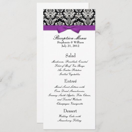 Elegant Damask met Paarse Bow Reception Menu (Voorkant / Achterkant)