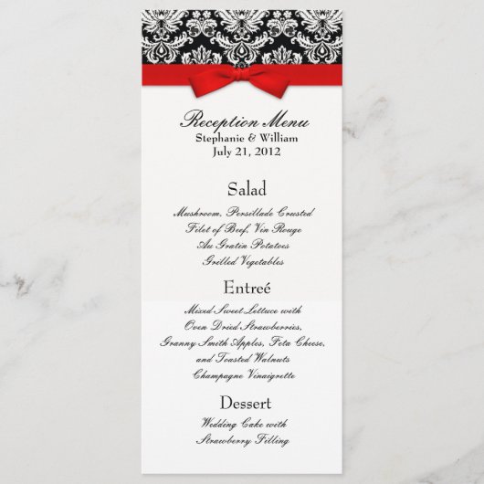 Elegant Damask met Red Bow Reception Menu (Voorkant)