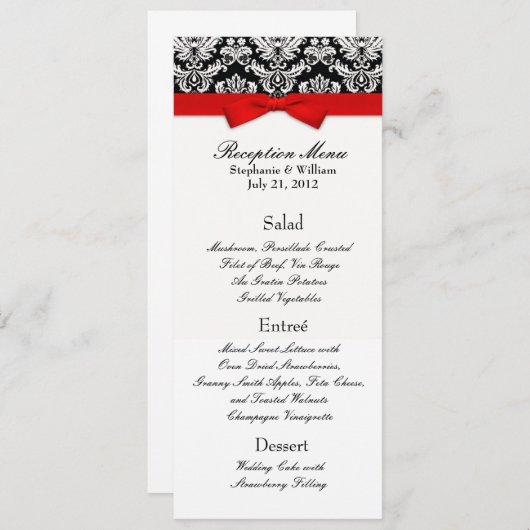 Elegant Damask met Red Bow Reception Menu (Voorkant / Achterkant)