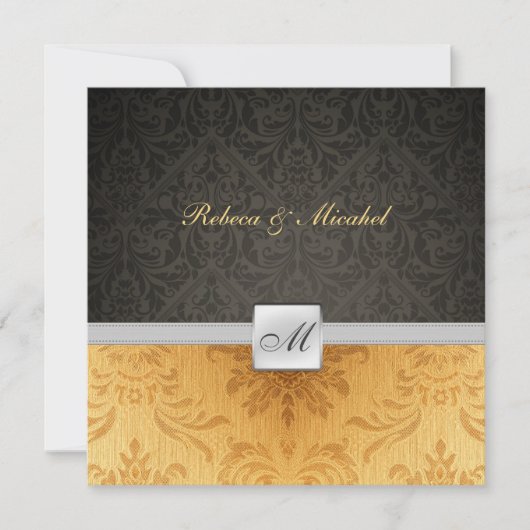 Elegant Damask Monogram Black and gold Wedding Kaart (Voorkant)