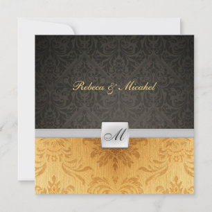 Elegant Damask Monogram Black and gold Wedding Kaart