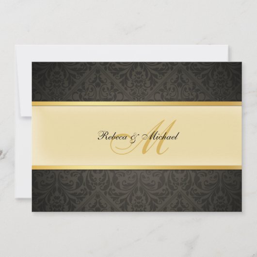 Elegant Damask Monogram Wedding Black en Gold Kaart (Voorkant)