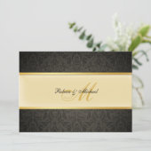 Elegant Damask Monogram Wedding Black en Gold Kaart (Staand voorkant)