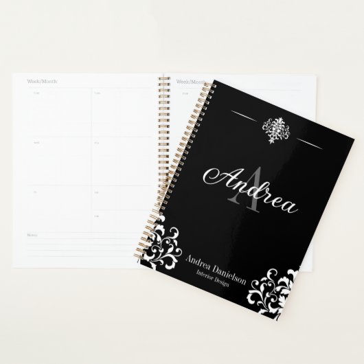 Elegant Damask Monogrammed Black and white Office Planner (Display)