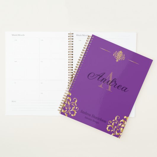 Elegant Damask Monogrammed Gold and Purple Office Planner (Display)
