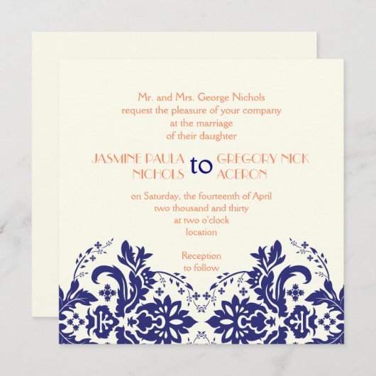 Elegant damask motif navy blue, koraalbruiloft kaart (Voorkant / Achterkant)