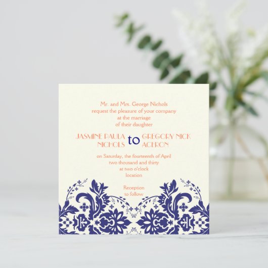 Elegant damask motif navy blue, koraalbruiloft kaart (Staand voorkant)