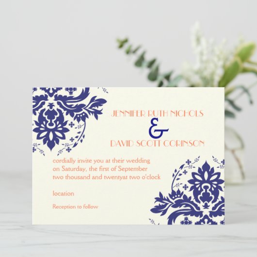 Elegant damask motif navy blue, koraalbruiloft kaart (Staand voorkant)