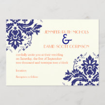 Elegant damask motif navy blue, koraalbruiloft
