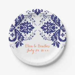 Elegant damask motif navy blue, koraalbruiloft papieren bordje