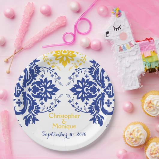 Elegant damask motif royal blue, yellow bruiloft papieren bordje (Feest)