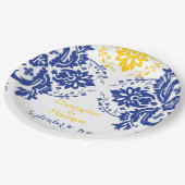 Elegant damask motif royal blue, yellow bruiloft papieren bordje (Gekanteld)