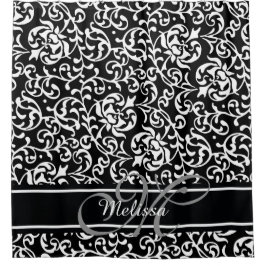 Elegant Damask Name en Monogram Black and White Douchegordijn