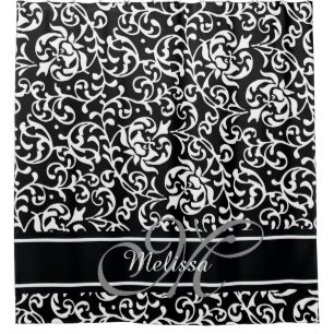 Elegant Damask Name en Monogram Black and White Douchegordijn