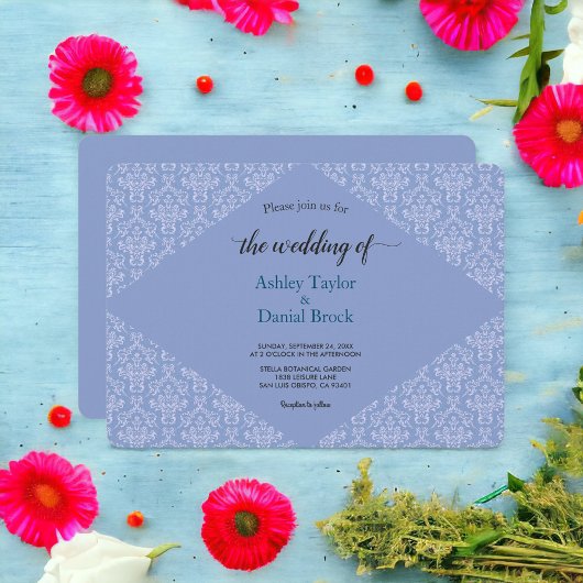 Elegant Damask Navy Blue Classic Wedding Kaart