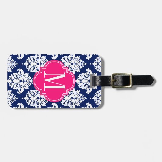 Elegant Damask Navy & Pink Custom Monogramed Bagagelabel (Voorkant horizontaal)