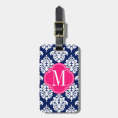 Elegant Damask Navy & Pink Custom Monogramed Bagagelabel (Voorkant verticaal)