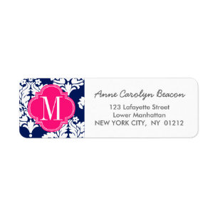 Elegant Damask Navy & Pink Custom Monogramed Etiket