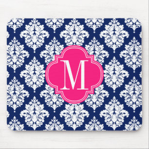 Elegant Damask Navy & Pink Custom Monogramed Muismat