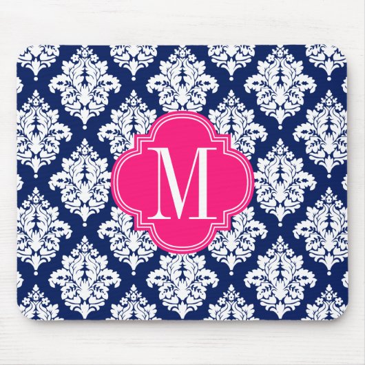 Elegant Damask Navy & Pink Custom Monogramed Muismat (Voorkant)