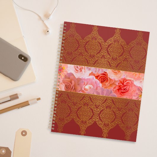 Elegant Damask Oriental Red Floral Gouden kant Planner