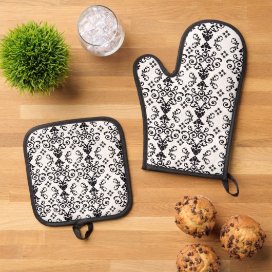 Elegant Damask Ovenwant & Pannenlap Set (Top down)
