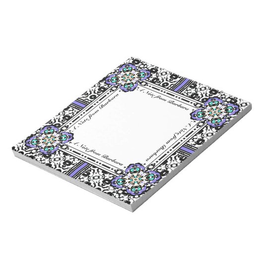 Elegant Damask Paars en Aqua Custom Name Notitieblok (Linkerzijde)