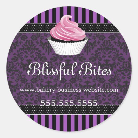 Elegant Damask Paarse Cupcake Bakery Box Seals Ronde Sticker (Voorkant)