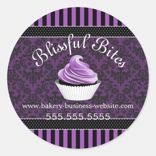 Elegant Damask Paarse Cupcake Bakery Box Seals Ronde Sticker (Voorkant)