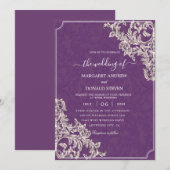 Elegant damask paarse trouwuitnodigingen kaart (Voorkant / Achterkant)