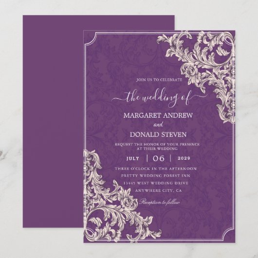 Elegant damask paarse trouwuitnodigingen kaart (Voorkant / Achterkant)