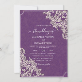 Elegant damask paarse trouwuitnodigingen kaart