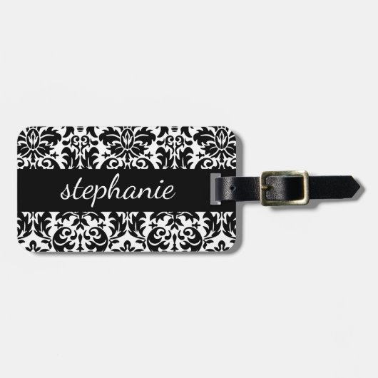 Elegant Damask-patronen met zwart en wit Bagagelabel (Voorkant horizontaal)