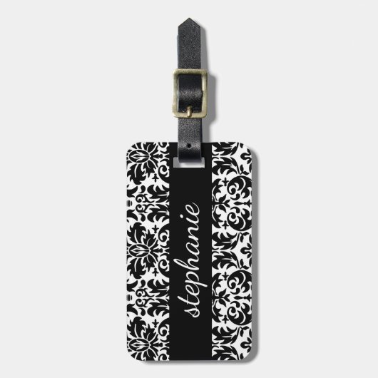 Elegant Damask-patronen met zwart en wit Bagagelabel (Voorkant verticaal)