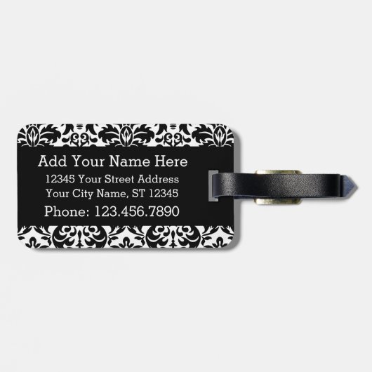 Elegant Damask-patronen met zwart en wit Bagagelabel (Achterkant horizontaal)