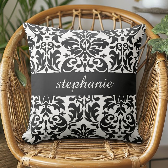 Elegant Damask-patronen met zwart en wit Kussen (Custom Pillow)