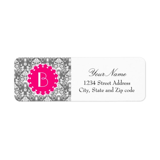 Elegant Damask Patroon met Monogram Etiket (Voorkant)