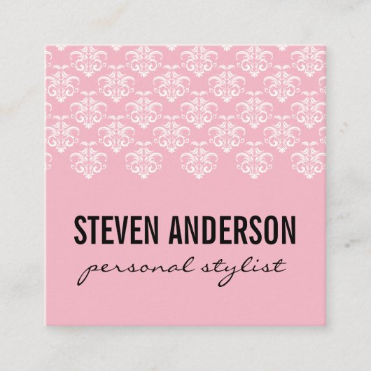 Elegant Damask Patroon / Roze Vierkante Visitekaartje (Voorkant)
