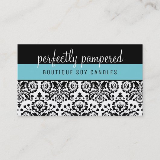 ELEGANT DAMASK patroon zwart helderblauw Visitekaartje (Voorkant)