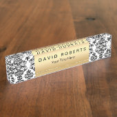 Elegant Damask Pattern Modern Gold Label Naambordje (Zijkant)